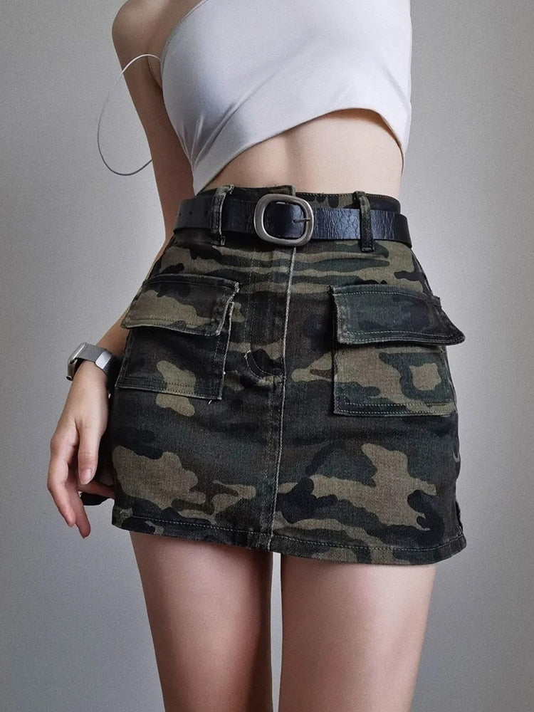 Zoki Sexy Women Streetwear Camouflage Cargo Skirt High Waist American Retro Mini Skirts Harajuku Female Pockets A Line Skirt New